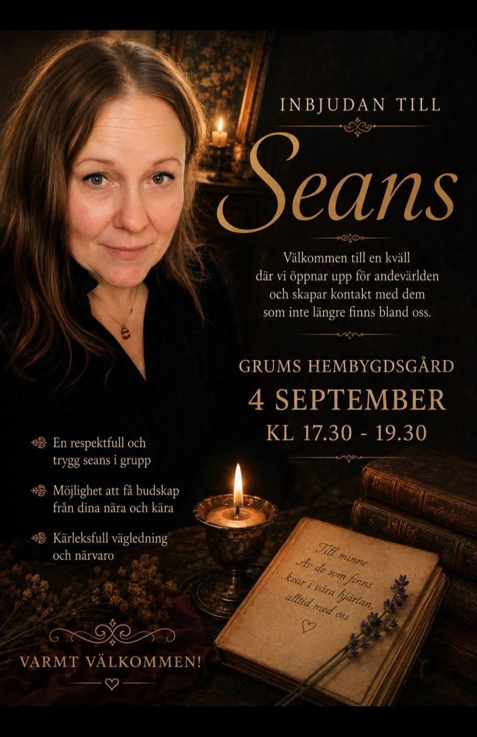 Inbjudan till seans på Grums hembygdsgård den 4 september klockan 17.30 till 19.30