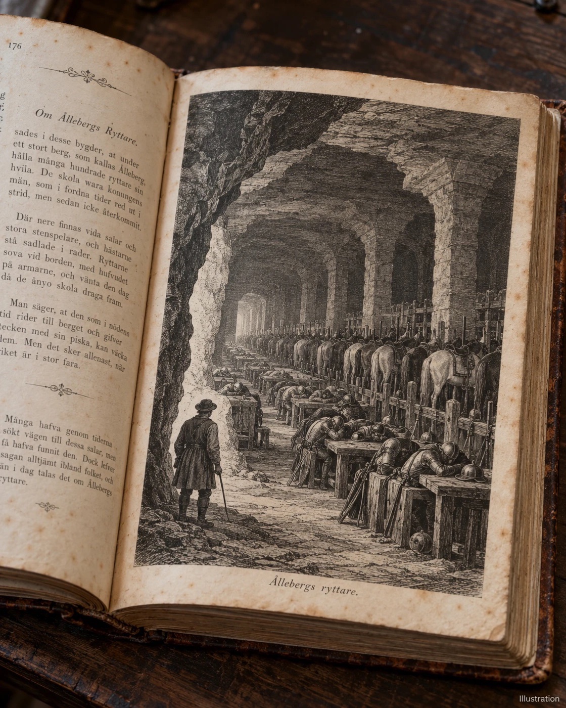 Illustration i en gammal bok: en bonde står i en grotthall där rustade ryttare sover vid långa bord bredvid sadlade hästar