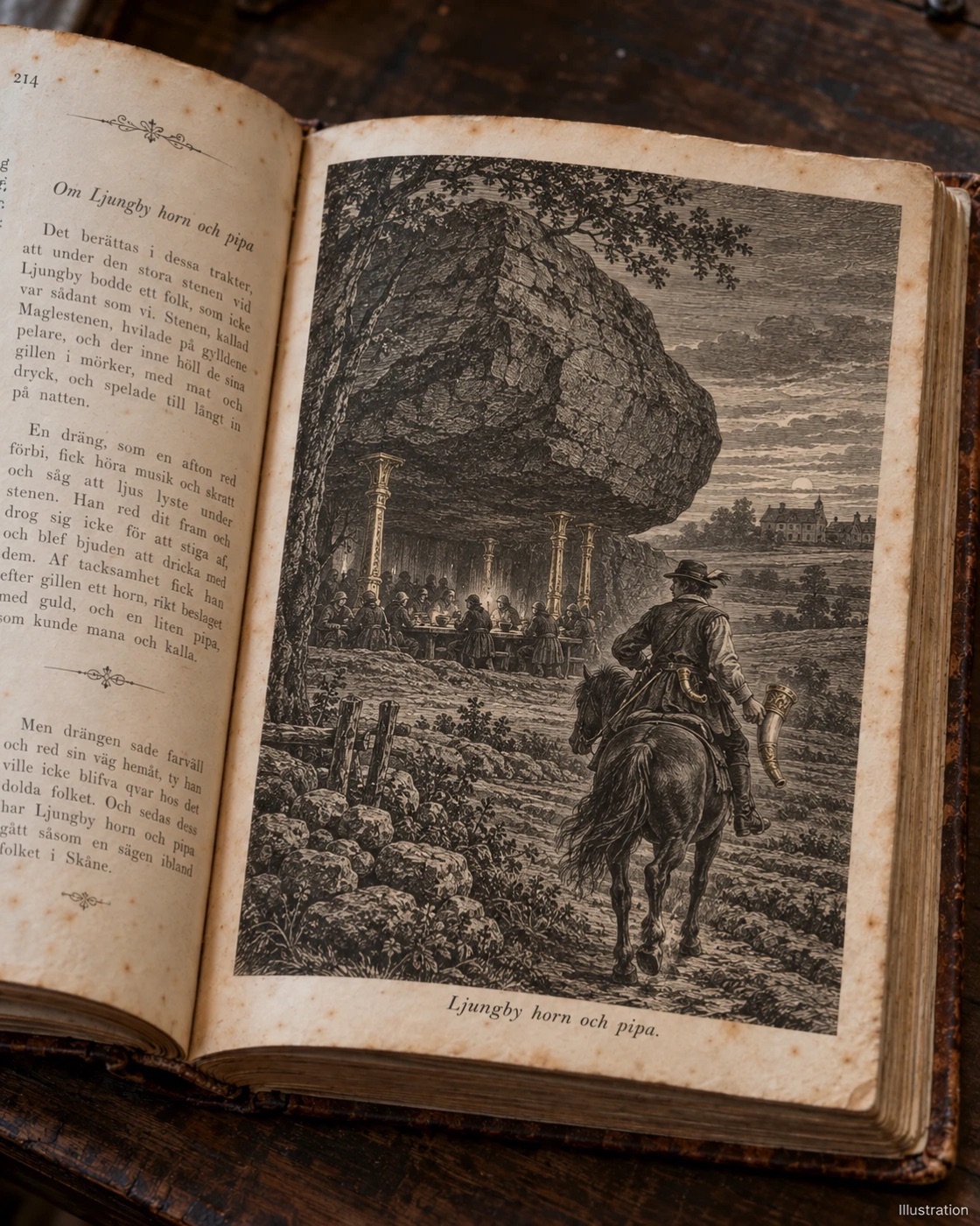 Illustration i en gammal bok: trollen festar under Maglestenen som vilar på guldpelare medan en ryttare med ett dryckeshorn rider mot slottet