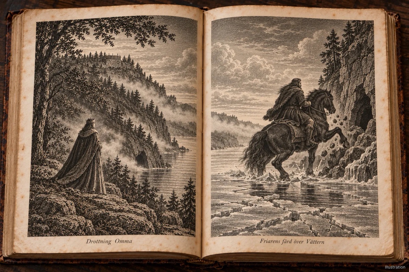 Illustration i en gammal bok: drottning Omma blickar ut över Vättern och dimman, och en jätte till häst bryter igenom isen vid bergets grotta
